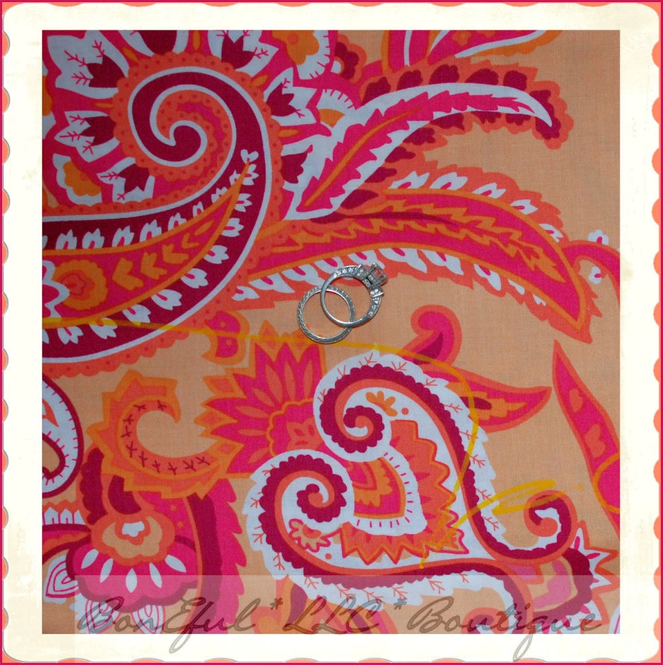 BonEful Fabric FQ Cotton Orange Pink White Paisley Flower Heart Free Spirit RARE - Image 1 of 4