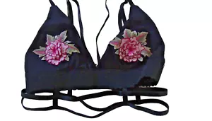 Saint Genies UK 8 Schwarz Mix Sexy Bestickt 3D Blumen Longline Harness BH - Bild 1 von 3