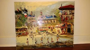 Dipinto olio originale Morris Katz 24" x 30" firmato 1989 "POMERIGGIO A PARIGI ?" - Foto 1 di 7