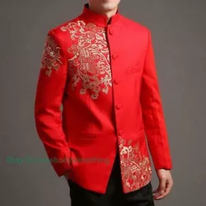 Men Red Tang Suit Chinese Wedding Suit Jacket Embroidery Pattern Jacket - Picture 1 of 16