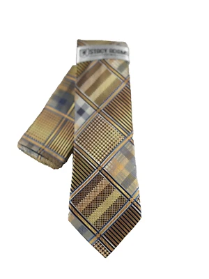 Stacy Adams Men's Tie Hanky Champagne Gold Blue Charcoal Gray Plaids 3.25" Wide - Image 1 of 4