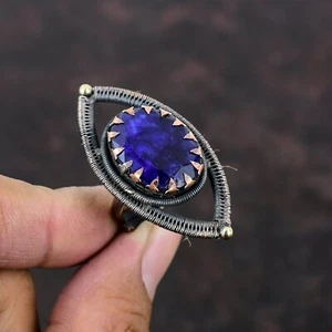 Blue Saphire Copper Mother Gift Wire Wrapped Adjustable Ring Size Adjustable - Picture 1 of 6