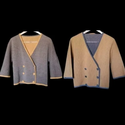 VTG 60s Pin Stripe Reversible Mod  Double-Breasted 3/4 Sleeve Wool Cardigan Sz L - Image 1 of 4