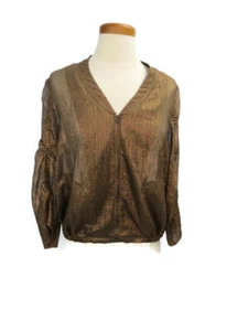 Diane Von Furstenberg Top Size 2 Gold Long Sleeves V Neck Front Zipper Pockets - Picture 1 of 3
