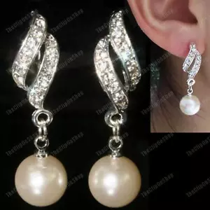 CLIP ON pearl TWIST rhinestone CRYSTAL drop EARRINGS silver fashion CREAM/WHITE - Picture 1 of 18