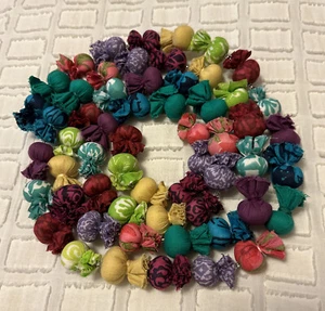 RARE Boho Primitive Rag Ball Garland in Multi Patterned Fabric 6 Feet Long EUC - Picture 1 of 4