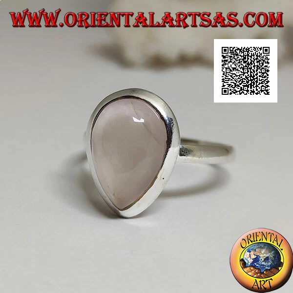 Anello in Argento 925‰ con quarzo rosa a goccia su montatura liscia a solitario - Immagine 1 di 1