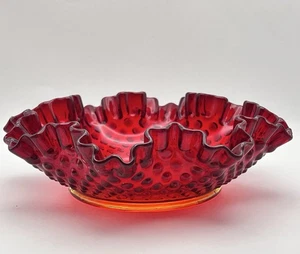 Fenton rot Rubin Amberina Nagel Bonboniere geraffter Rand Glasschale 8" Vintage - Bild 1 von 8