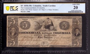 1856 $5 COMMERCIAL BANK COLUMBIA SOUTH CAROLINA OBSOLETE NOTE SERIAL 333 PCGS 20 - Picture 1 of 2