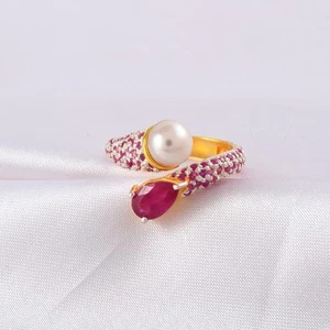 Ruby Pearl Ring Gold Plated  925 Sterling Silver Pave Pink Sapphire Fine Jewelry - Picture 1 of 6