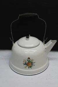 Vintage weiß Blumenmuster Emaillegeschirr Tee Kaffeekanne - Bild 1 von 8