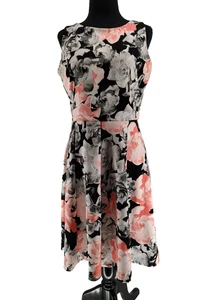 Alfani Woman's Black Pink Floral Fit&Flare Dress Size Med Exposed Zip Stretch - Picture 1 of 10