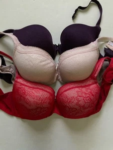 Cacique Lot Of 4 Bra 44D Purple Red Pink Cotton Boost Plunge Lace Lightly Lined - Picture 1 of 9