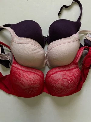 Cacique Lot Of 4 Bra 44D Purple Red Pink Cotton Boost Plunge Lace Lightly Lined - Image 1 of 4