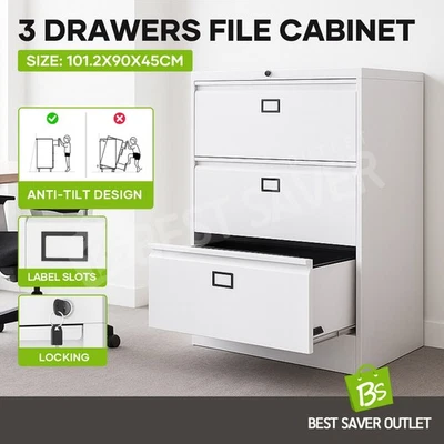 Steel File Cabinet Office Storage Lockable Filing Organiser 3 Drawers Documents - image 1 of 4