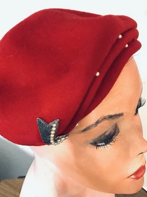 1950s Vintage Red Pearl & Beads Cocktail Tea Party Hat Henry Pollak NY - Image 1 of 4