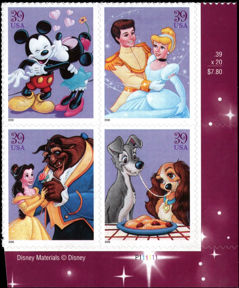 US Scott # 4028a, The Art of Disney: Romance, Plate Block of 2006 39¢ Stamps MNH - Image 1 of 1