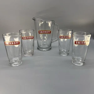 Vintage Smirnoff Glass Pitcher Set of 4 Glasses Embossed Sports Balls Heavy Wt - Picture 1 of 16