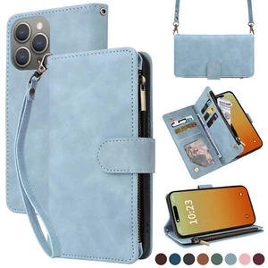 Para iPhone 16 Pro Max 15 Pro Cremallera Cartera Bandolera Tarjeta Billetera Estuche Correa para Muñequera - Imagen 1 de 14