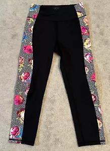 Betsey Johnson Capri Leggings Black Floral Stripe Performance Yoga Pants XS - Picture 1 of 13