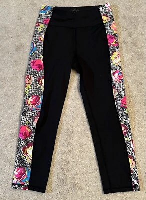 Betsey Johnson Leggings Capri Negro Floral Rayas Rendimiento Yoga Pantalones XS Foto 1 de 4