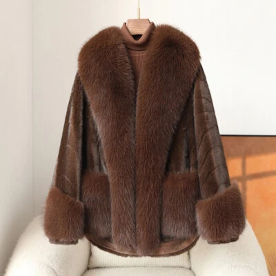 Abrigo de piel de visón de lujo de invierno para mamá para mujer grande cuello de piel real abrigo cálido grueso Foto 1 de 4