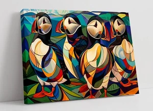 CUBISM PAINTING GATHERING OF PUFFINS -DEEP FRAMED CANVAS WALL ART PICTURE PRINT - Picture 1 of 2