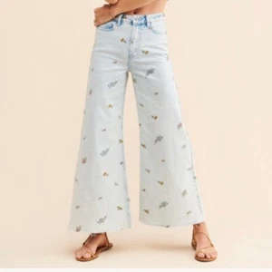 Driftwood Gaucho Wide Leg Embroidered Floral Print 100% Cotton Jeans - Size 29 - Picture 1 of 15