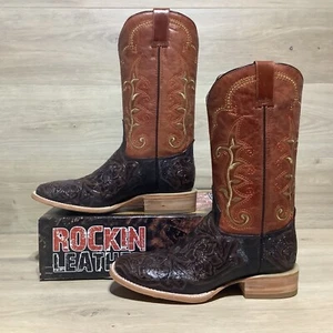 RL Rockin Leather Cowboy Boots Mens 9.5 D Tooling Print Square Toe Western Brown - Picture 1 of 19