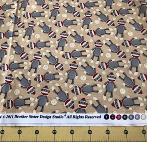 2011 Sock Monkey Brother Sister 100% cotton fabric sold by the yard #1790 - Picture 1 of 1