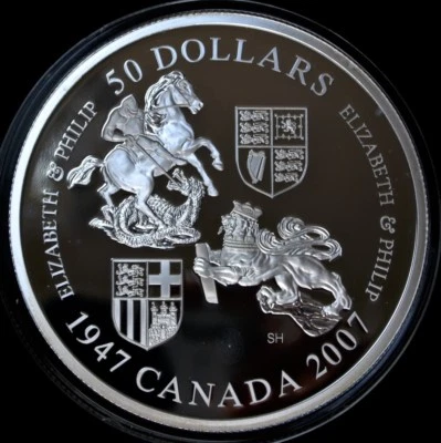 2007 CANADA $50 PURE SILVER PROOF 5 Oz. - QUEEN Elizabeth & PRINCE Philip 60th - Image 1 of 4