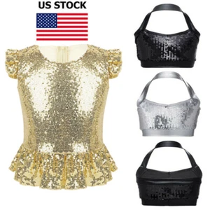 Girl Sequins Short Flutter Sleeves Christmas Carnival T-Shirt Top Fancy Dress up - Picture 1 of 51