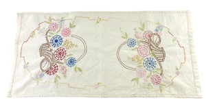 Vintage Table Runner 25 x 12.5 in. Hand Embroidered Basket of Pink Blue Flowers - Picture 1 of 4