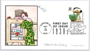 HOUSEHOLD CONVENIENCES CELEBRATE THE CENTURY STAMP, FAIRCLOTH HAND COLORED FDC - Picture 1 of 1