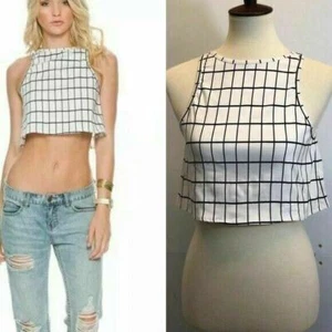 Glamouröses ärmelloses bauchfreies Damen-Tanktop weiß Baumwolle kariert Rankgitter Größe L - Bild 1 von 12