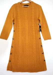 NWT New York & Co Cable Knit Sweater Dress Side Button Detail Mustard M Preppy - Picture 1 of 11