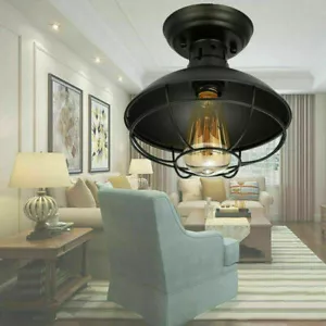 Vintage Ceiling Hanging Pendant Light Metal Cage Semi Flush Mount Loft Lamp - Picture 1 of 12