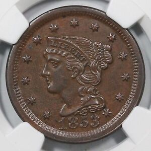 1853 N-3 NGC MS 62 BN Braided Hair Large Cent Coin 1c