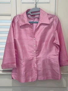 Sunny Leigh 100% Silk Blouse Women’s 10 Medium Pink Check 3/4 Sleeve EUC - Picture 1 of 13