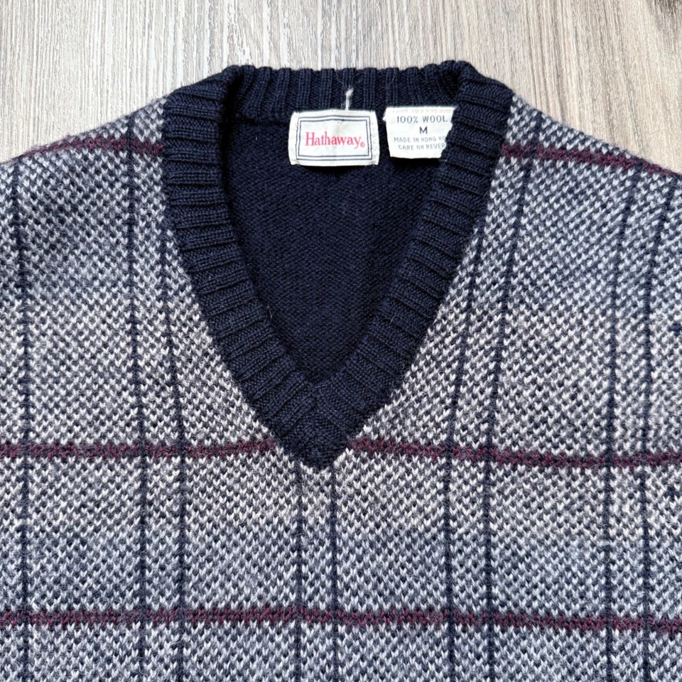 VTG Hathaway Men's Medium V-Neck Plaid Wool Sweater Vest Navy Blue - Image 1 of 4