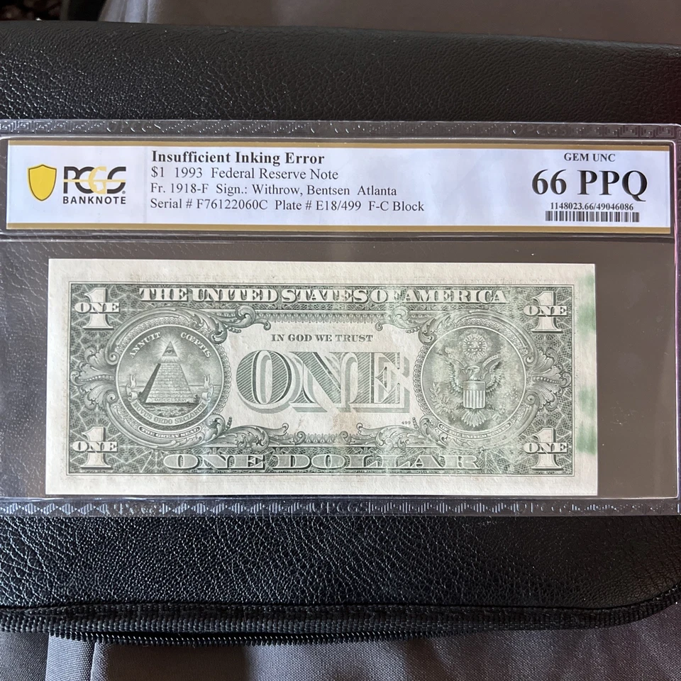 1993 $1 Federal Reserve Note Insufficient Inking Error PMG GEM UNC 66 PPQ - Image 1 of 4