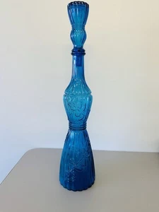 Vintage Mid Century Glass Bottle Decanter Blue Floral Empoli - Picture 1 of 11