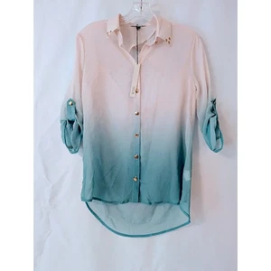 MNK, beige und aqua schar ombre Bluse, hinten offen Small neu mit Etikett Officesiren Y2K - Bild 1 von 7