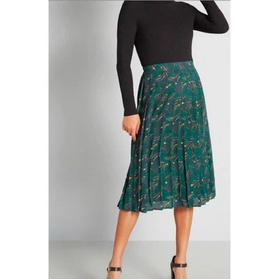 Modcloth Afresh Floral Print Pleated Midi Skirt Forrest Green Size XL - Image 1 of 4