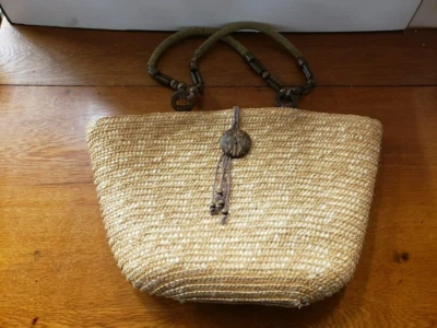 Bolso de mano de paja tamaño mediano bolso cartera madera con cuentas doble asa Foto 1 de 4