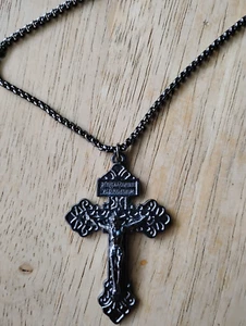 Collar Cruz Perdón Crucifijo Negro Gunmetal Acero Inoxidable Rolo Caja Cadena - Imagen 1 de 3