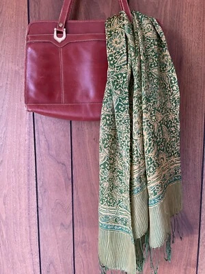 Genuine Vintage Boho Festival Batik Print Silk Scarf with Fringe Earth Greens  - image 1 of 3