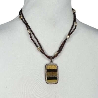 Vintage Bead Necklace Double Strand Seed Bead With Rectangular Pendant Neutral Foto 1 de 4