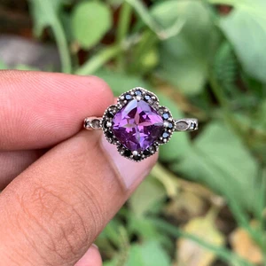 Anello in argento sterling 925 massiccio ametista viola taglio cuscino - pietra nascita febbraio - Foto 1 di 18