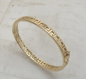 Medium Size Oval Cut-Out Greek Key Hinged Bangle Bracelet Real 14K Yellow Gold - Picture 1 of 6